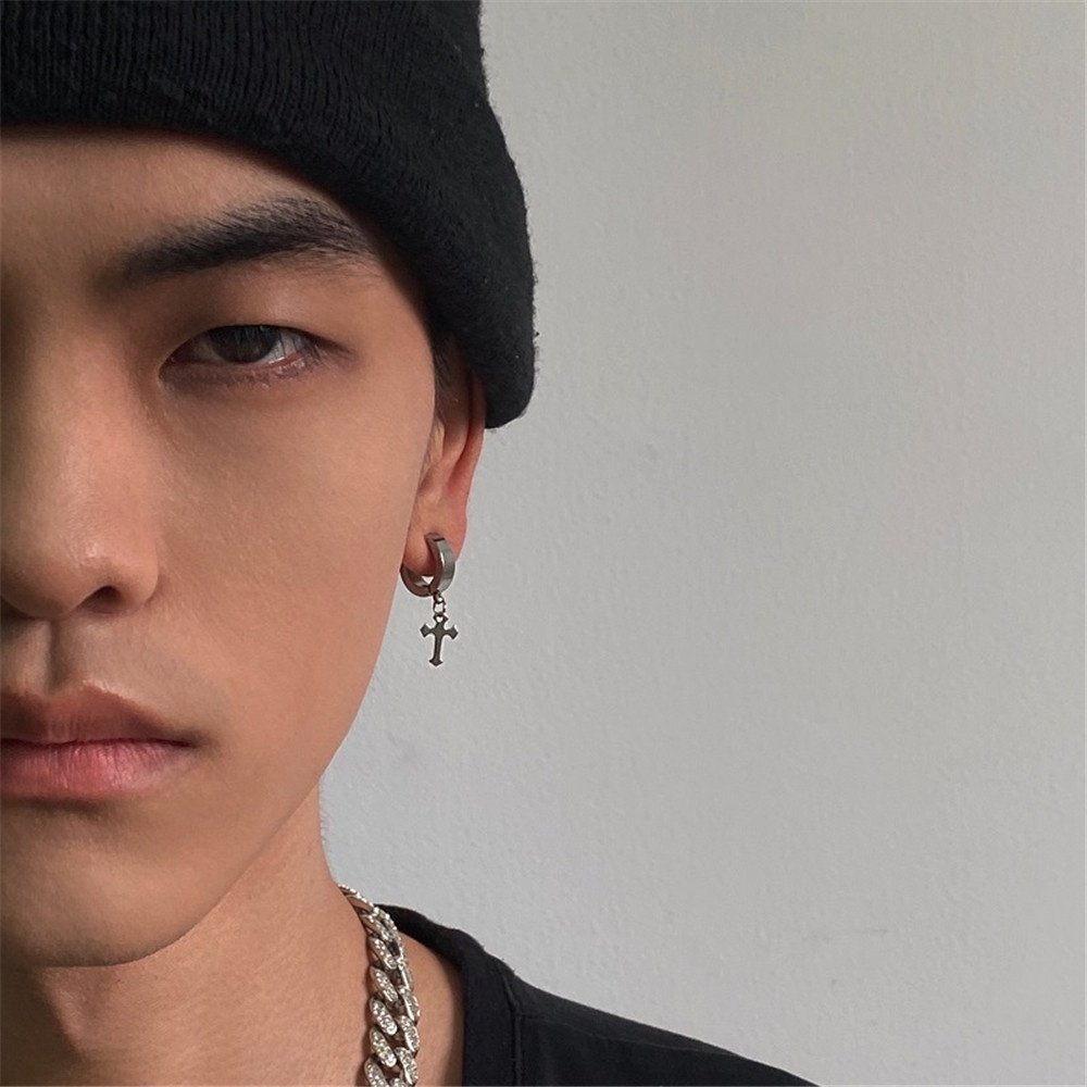 Hoa tai thép titan hình thánh giá thời trang punk cho cặp đôi