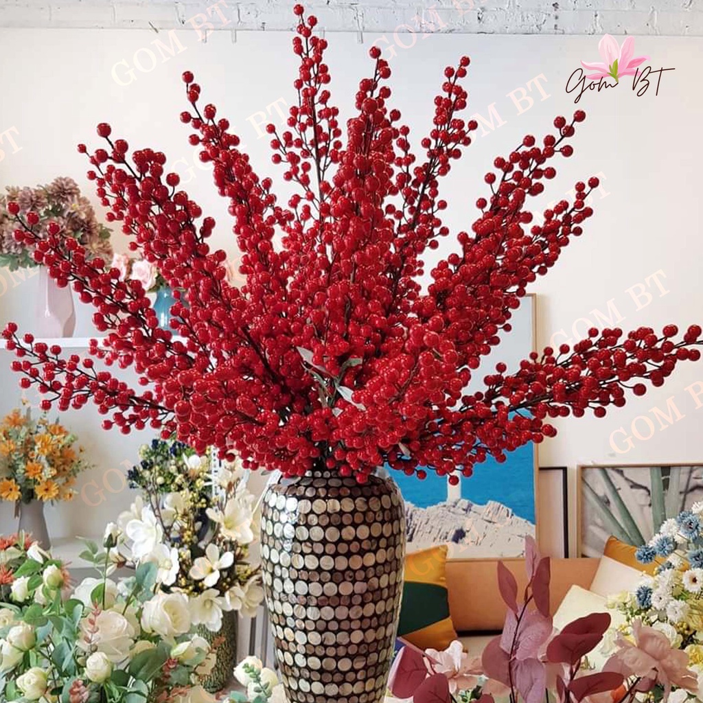 Hoa nhựa giả - Cành đào đông tài lộc - 1 cành cao 95 cm gồm 12 nhánh đẹp loại 1 - Hoa decor trang trí ngày Tết