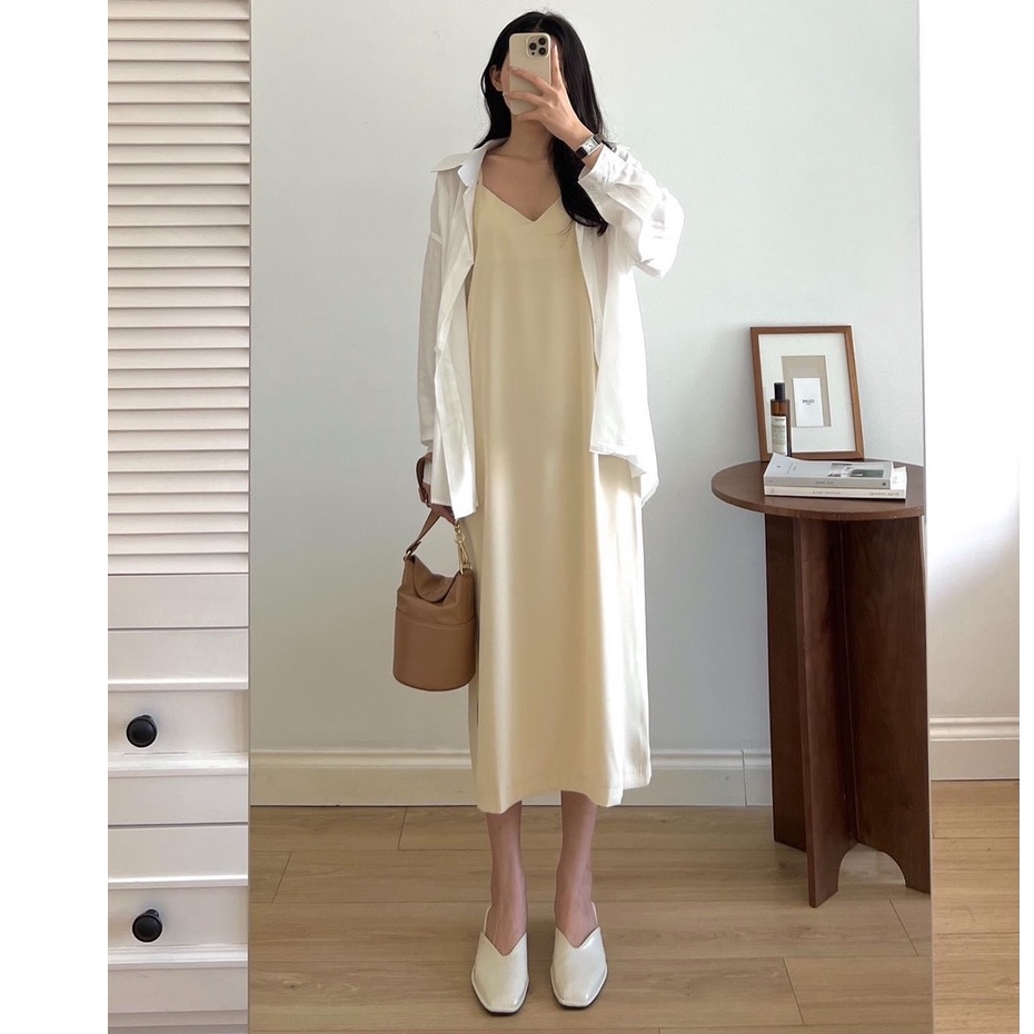 Váy 2 Dây Lụa Xuông Mềm Mạ, Hai Dây Basic Lụa Cổ Tim Phong Cách Hàn Quốc March.Clothes