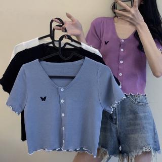 Áo cardigan cổ tim dáng ngắn thêu hình bướm phong cách hàn quốc cho nữ