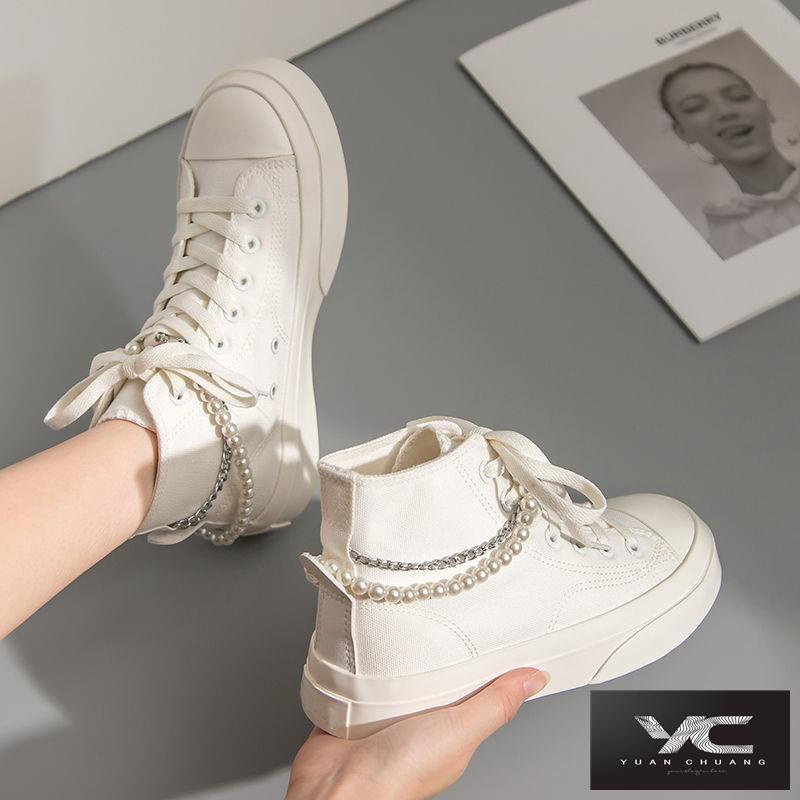 Giày Vải Canvas Cổ Cao Đính Ngọc Trai Phối Dây Xích Thời Trang Mùa Thu Cho Nữ 2022