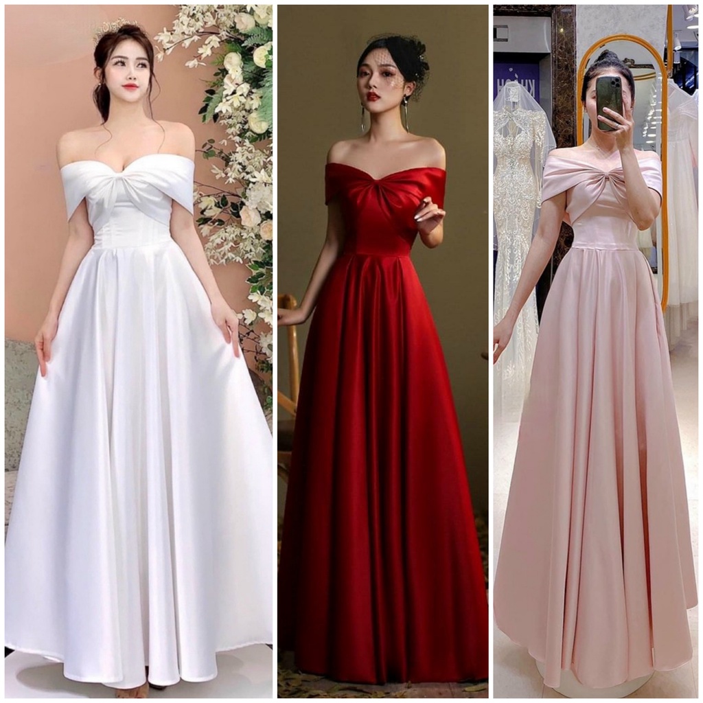 Đầm váy dạ hội, cô dâu đi bàn chéo nơ trễ vai style Hàn Quốc