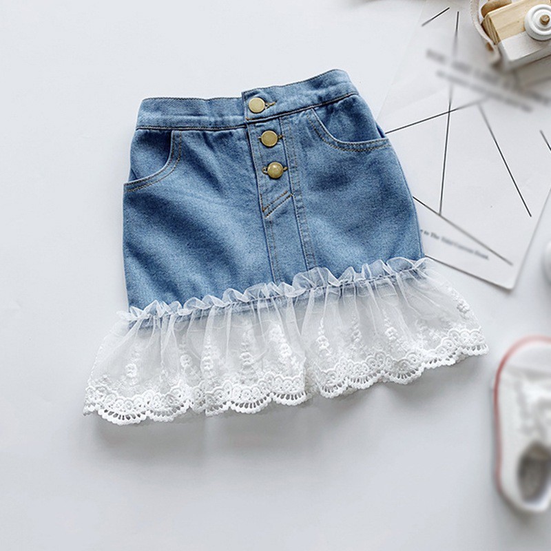 Đầm Denim Phối Ren Cho Bé Gái