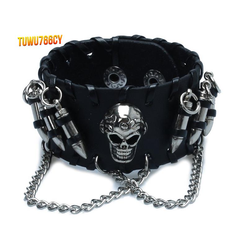 Vòng Tay Da PU Màu Đen Phối Mặt Hình Đầu Lâu Phong Cách Gothic Cho Nam