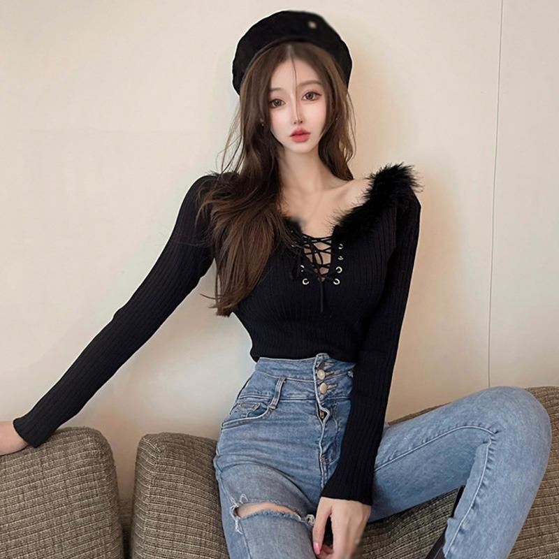 Áo dệt kim tay dài hở vai màu sắc trơn phong cách Hàn Quốc cho nữ