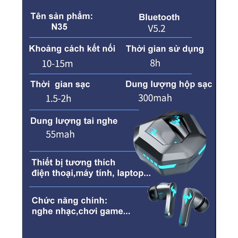 Tai nghe gaming N35 bluetooth 5.2 tích hợp mic hỗ trợ nghe gọi chơi game không độ trễ