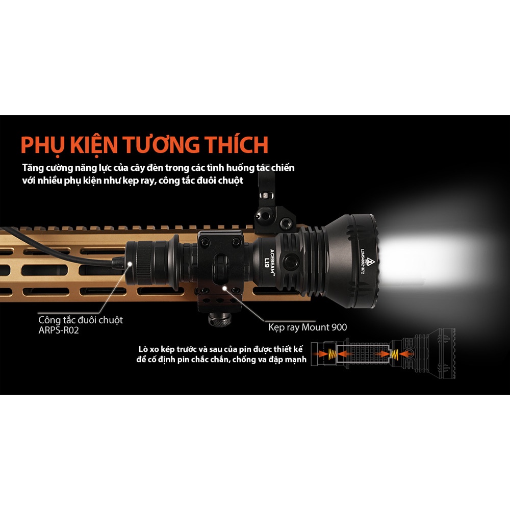 Đèn pin chiếu xa ACEBEAM L19 V2 TRẮNG độ sáng 2200 lumen chiếu xa 1083m LED SFT40 kèm pin sạc 21700