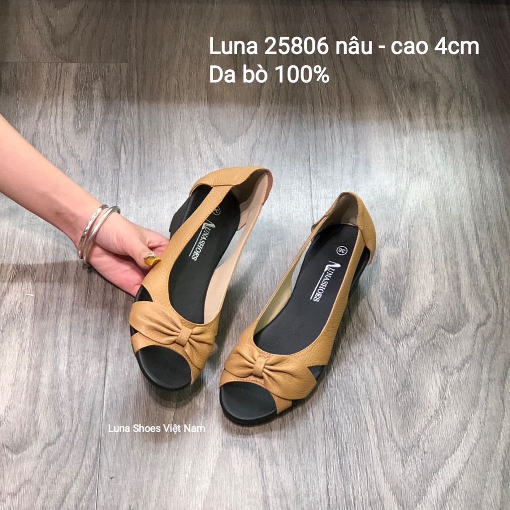 Giày đế xuồng nữ 4p hở mũi da bò mềm LUNASHOES 25806 bảo hành 2 năm 1 đổi 1 giầy trung niên nữ cho mẹ