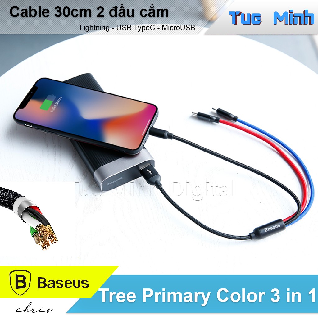 Cable 3 đầu MicroUSB, Lightning, Type-C dài 30cm - Baseus Three Primary Colors 3-in-1 - Cáp dùng cho iPhone và Android