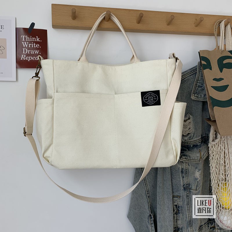 Túi đeo vai Ielgy vải canvas với ngăn chứa lớn đơn giản trẻ trung hợp thời trang