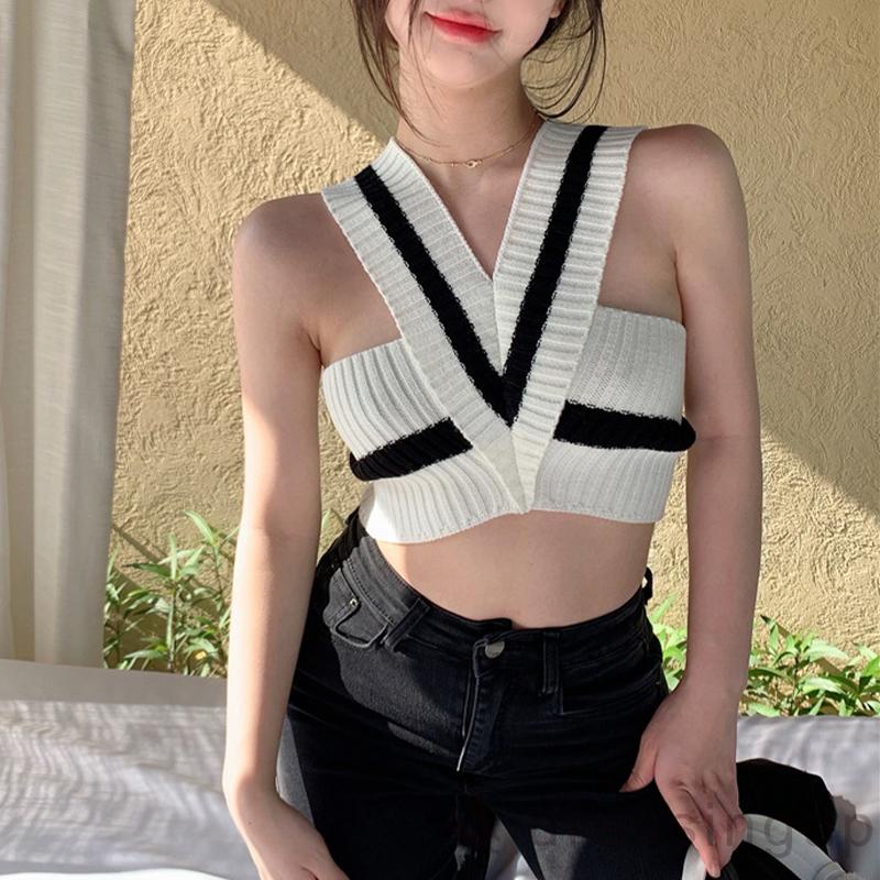 Áo Croptop Dệt Kim Cổ Chữ V Màu Sắc Tương Phản Thời Trang Mùa Hè Dành Cho Nữ