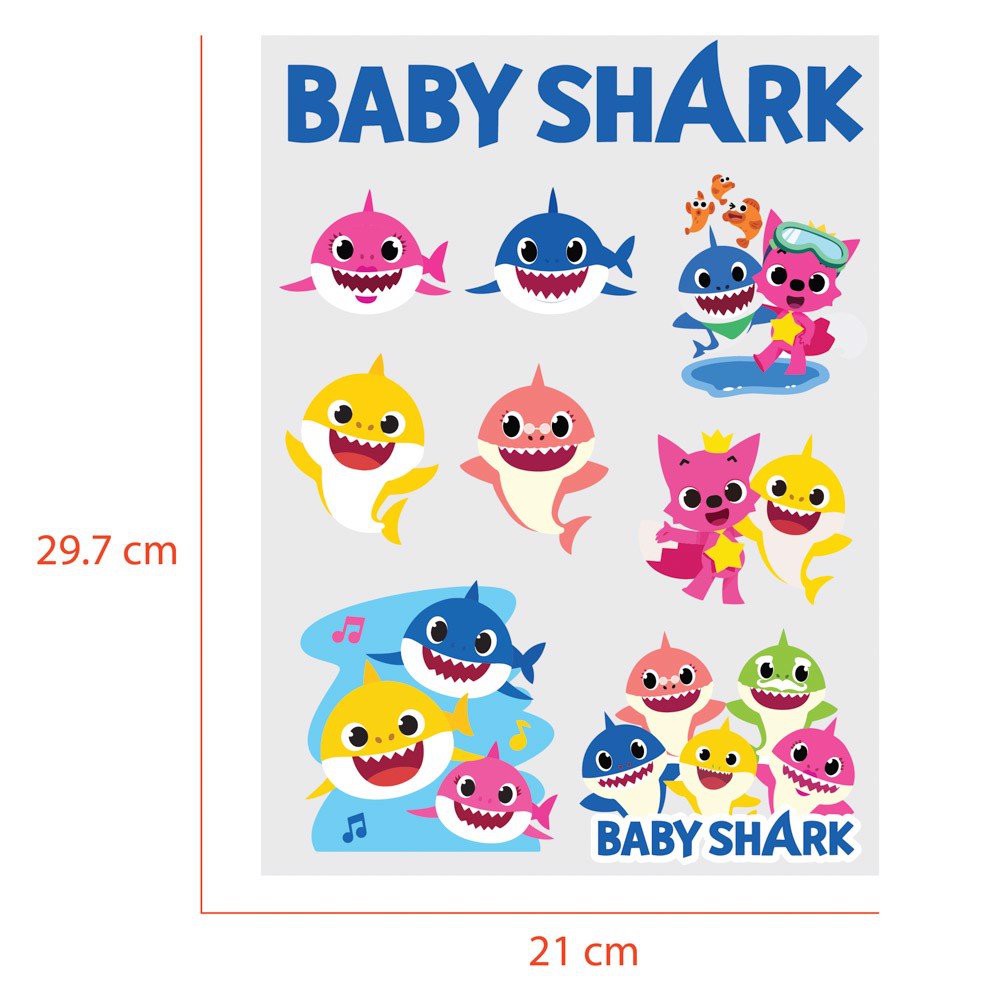 Set sticker ủi ép Baby Shark - ( chất liệu Decal Stahls Mỹ ) - STICKER FACTORY - Kích thước A4