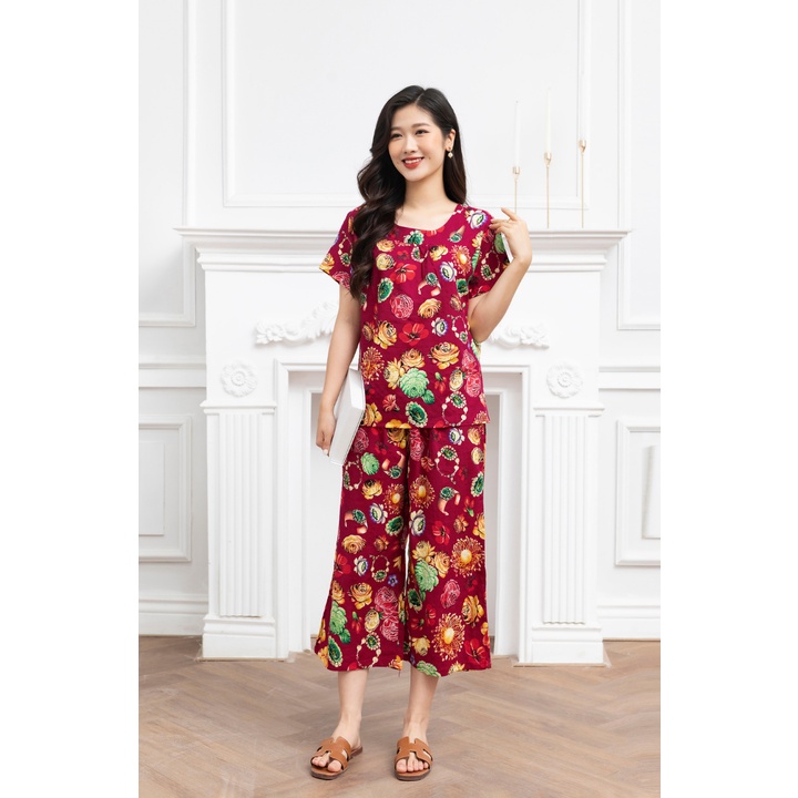 Bộ đồ mặc nhà trung niên lanh Vicci áo cộc,quần ống sớ BGS.06 nhiều họa tiết