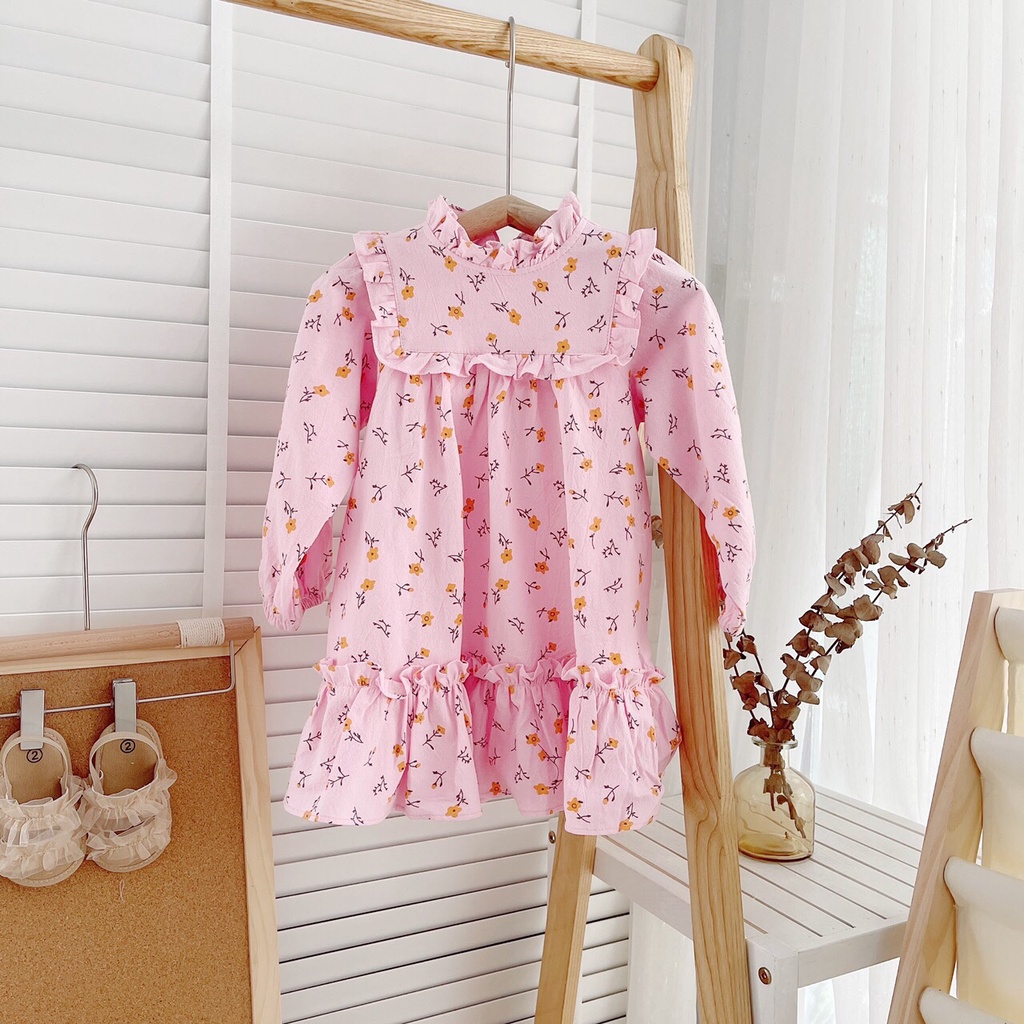 Váy thu dài tay cổ trụ hoa nhí cho be gái 1-5 tuổi (Mã V060402)- Ảnh thật