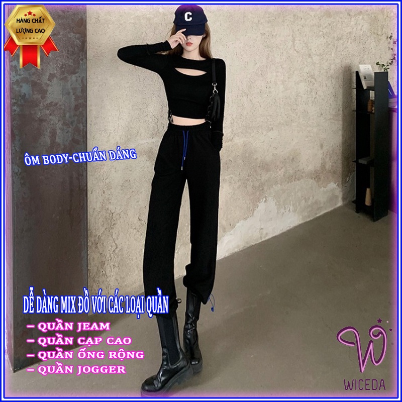 Áo croptop tay dài khoét ngực dây rút eo ôm body đẹp , ao thun kiểu nữ xinh chất cotton mềm mịn 2 màu đen trắng Wiceda 1