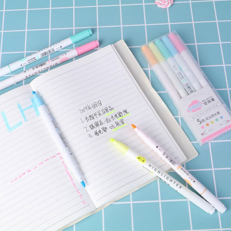 Set 5 bút dạ quang màu sắc kẹo ngọt thiết kế hai đầu tiện dụng