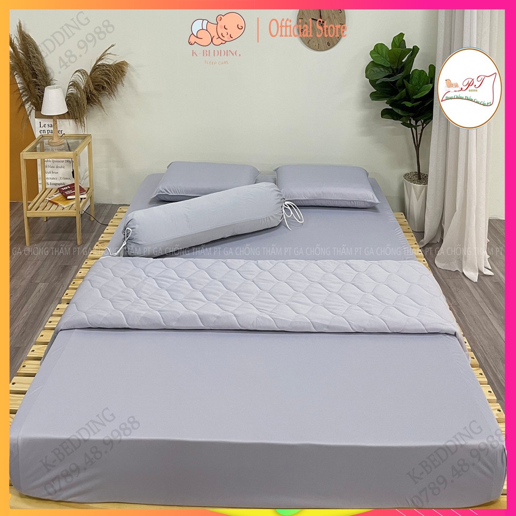 Bộ ga chống thấm cotton cho bé, drap chống thấm nước cao cấp kèm vỏ gối đầu và vỏ gối ôm mềm mịn mát (trơn xám bạc)