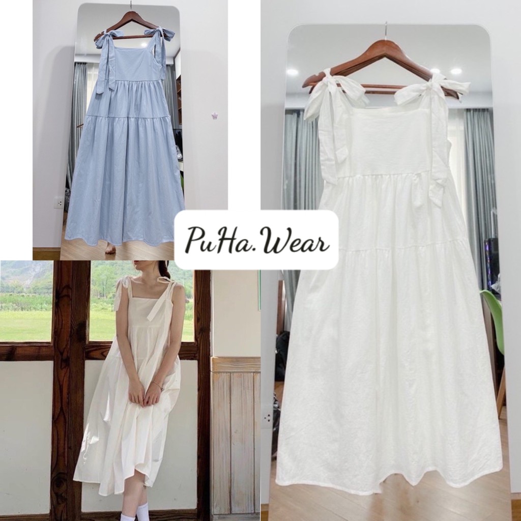 [Ảnh thật/ Clip cận chất ] Váy hai dây babydoll thô thắt nơ 2 màu Trắng, Xanh / Đầm hai dây babydoll