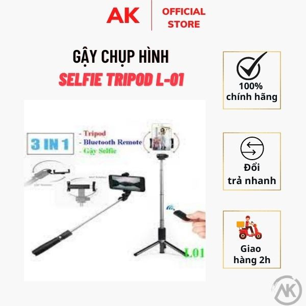 Gậy chụp hình Selfie  CAO CẤP  Gậy chụp hình Stick Tripod L01 Có 3 Chân Đỡ - Nút Bấm Bluetooh Hàng Cao Cấp