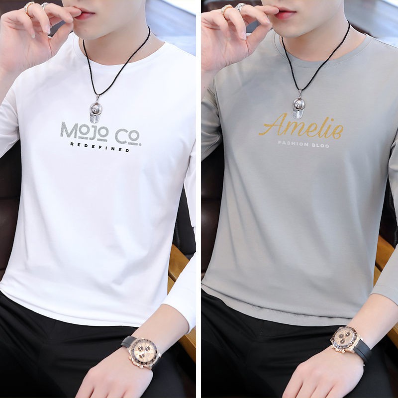 เสื้อยืด┋﹉◑2021 áo thun nam dài tay mới hàng hiệu triều bên trong ôm sát cơ thể hợp thời trang sơ mi cổ tròn vải cotton