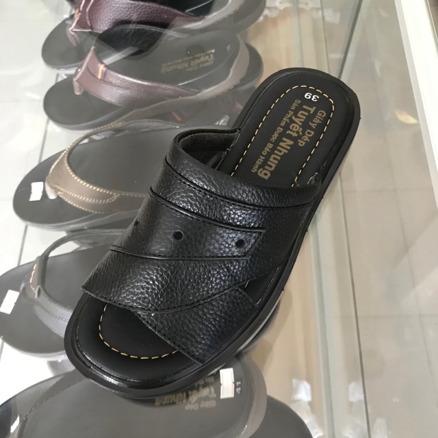 Dép da nam trung niên đế cao 4cm màu đen