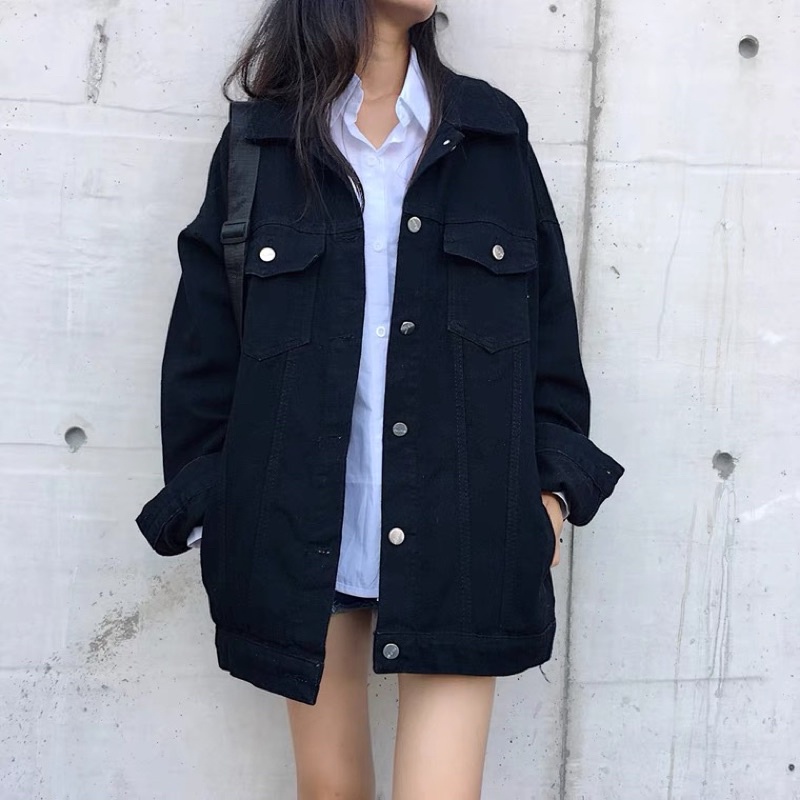 Áo khoác Denim form lớn dày dặn có túi trong đơn giản kiểu dáng suông basic ảnh tự chụp