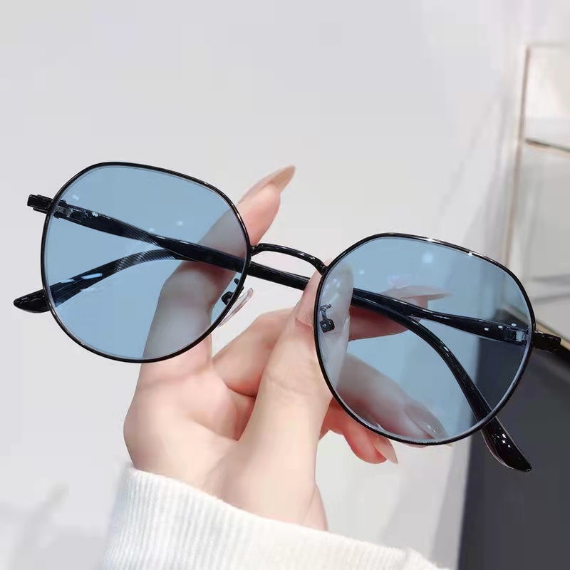 kính đổi màu +mắt kính cận 0.5~6.0 ,Kính mắt  gọng tròn tròng đổi Màu chống ánh sáng xanh cho nam và nữ,kính nữ thời trang, Kính máy tính，gọng kính tròn kim loại cận nữ
