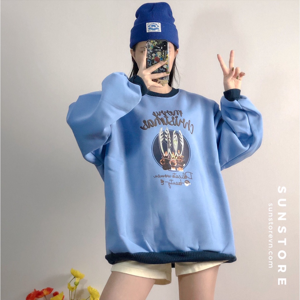 Áo sweater nỉ tay dài mặc ấm 2 màu xanh dương và vàng Ulzzang