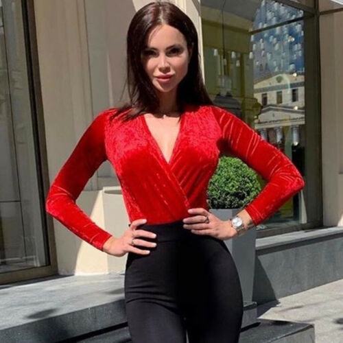 Áo body tay dài chất liệu vải nhung cổ V thời trang cho nữ đi tiệc