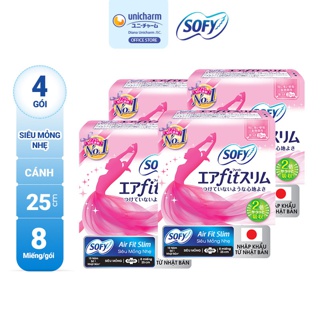 Bộ 4 gói Băng vệ sinh siêu mỏng mịn cho da Sofy Air Fit Slim 25cm có cánh 08 miếng/gói
