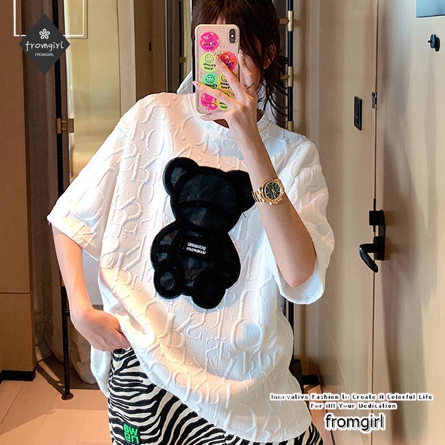 Áo thun tay ngắn dáng rộng in họa tiết hoạt hình gấu dễ phối đồ thời trang mùa hè phong cách Hàn Quốc 2021