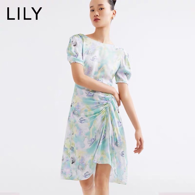 Đầm lụa hoa xanh Lily