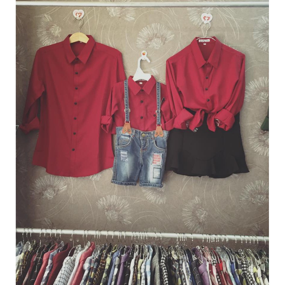 Set Áo Sơ Mi Gia Đình FIGTREE Màu Đỏ Đô Siêu Hot