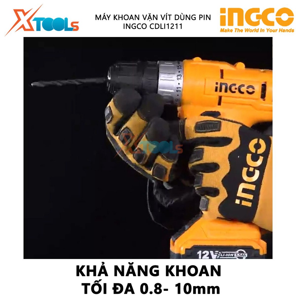 Máy khoan pin cầm tay 12v Ingco CDLI1211 tốc độ 600v/p, lực siết 20nm, khả năng khoan 10mm, có chỉnh tốc, kèm theo 1 pin