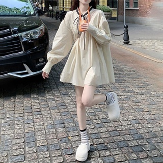 ✿Váy Sơ Mi✿Đầm Sơ Mi Tay Dài Cổ Chữ v Phong Cách Thời Trang Nhật Bản 2022 Dễ Thương Xinh Xắn