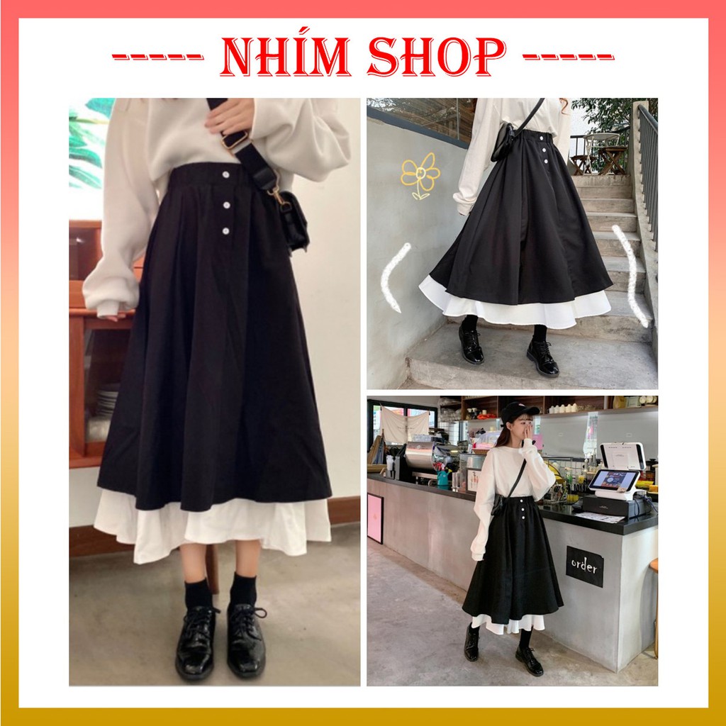 Chân váy dài, chân váy phối khuy trắng cạp cao ♥️ Chân váy ulzzang, chân váy xòe ♥️ Chân váy chữ A - NhimShop CV11