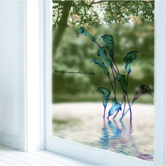 Decal trang trí kính cao cấp Hoa loa Kèn xanh ( 60cm x 58cm )