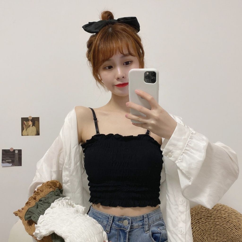 Áo bra nữ ren 2 dây croptop đẹp ren nhún xinh xắn DEVARI B6843