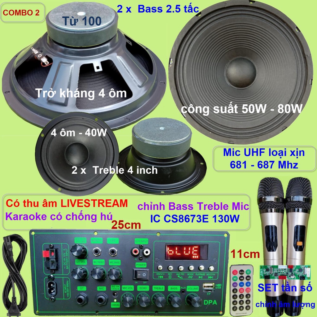 Combo loa kéo 2.5 tấc đôi CS8673E 130W Thu âm Livestream Karaoke chống hú chỉnh Bass Treble Mic nguồn xung 220V