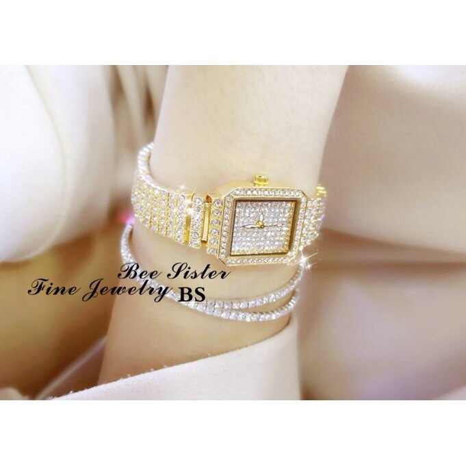 Đồng hồ nữ BeeSister BS dây kim loại mặt Vuông đính full đá style Hàn Quốc + Tặng hộp đồng hồ sang trọng