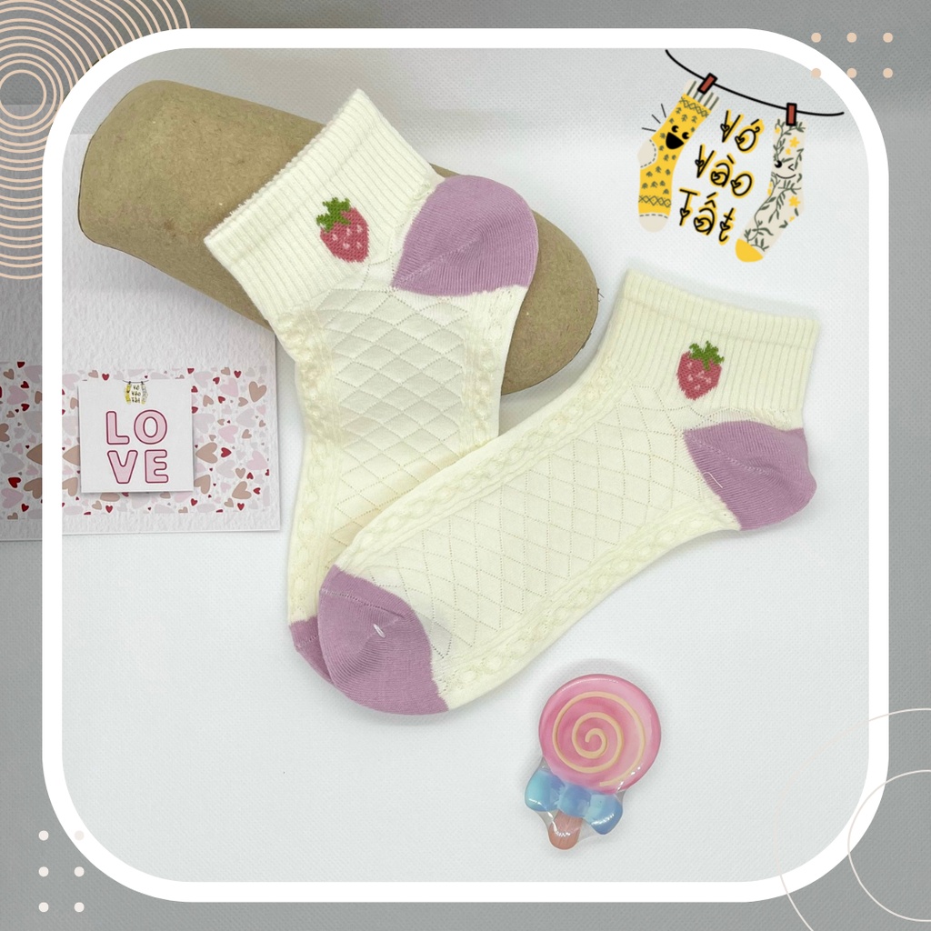 VỚ TẤT NỮ CỔ NGẮN HỒNG RUỐC PHỐI TRẮNG KEM XINH XẮN