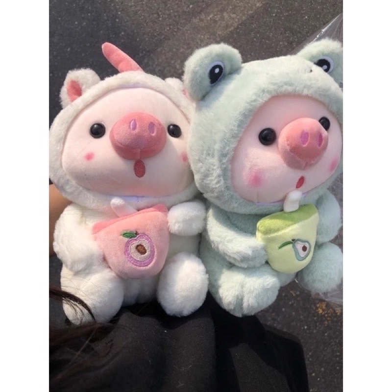 Gấu bông, thú bông heo ôm bình trà sữa mặc quần áo đáng yêu