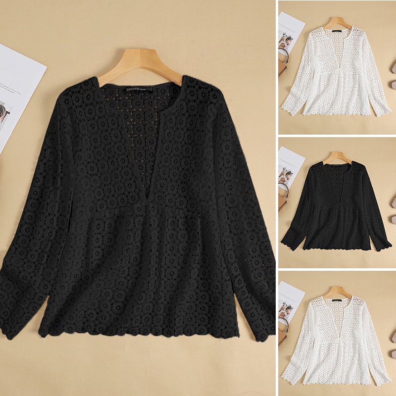Áo kiểu ZANZEA tay dài phối ren xuyên thấu phong cách vintage thời trang dành cho nữ