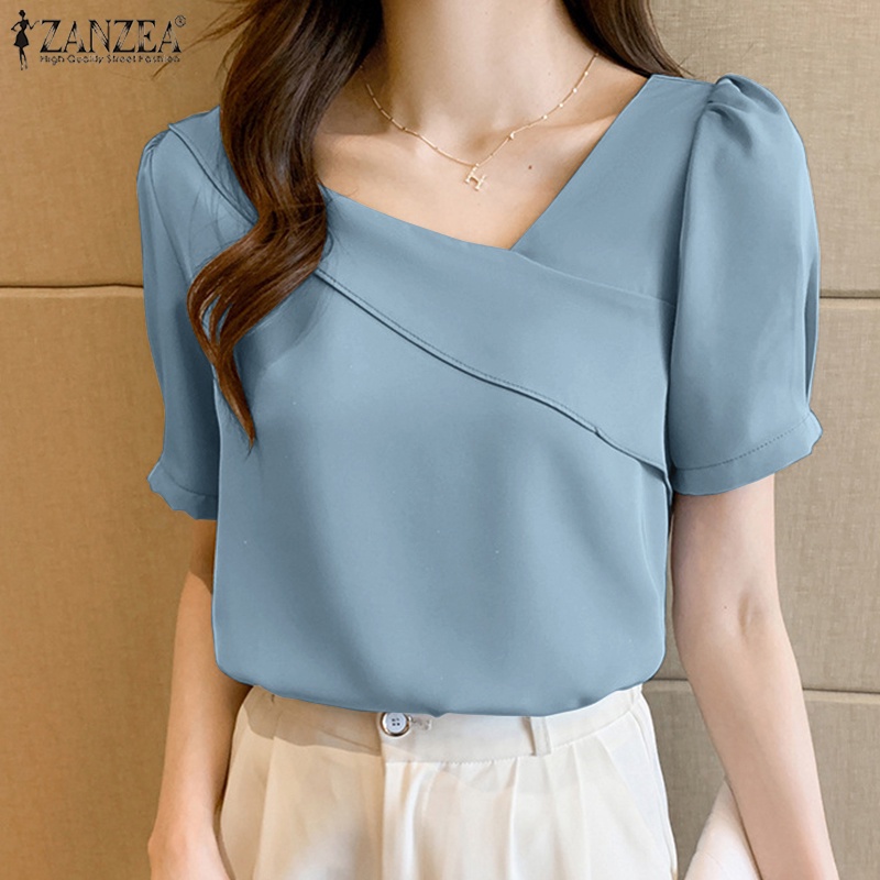 Áo sơ mi ZANZEA satin tay ngắn cổ chữ V phong cách Hàn Quốc xinh xắn dành cho nữ