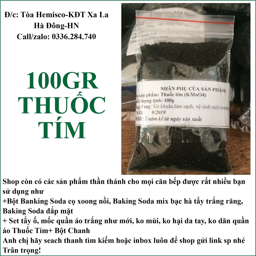 Thuốc tím KMnO4 100gr, thuốc tẩy tím vệ sinh bể cá, kết hợp với axit chanh tẩy mốc quần áo trắng và màu