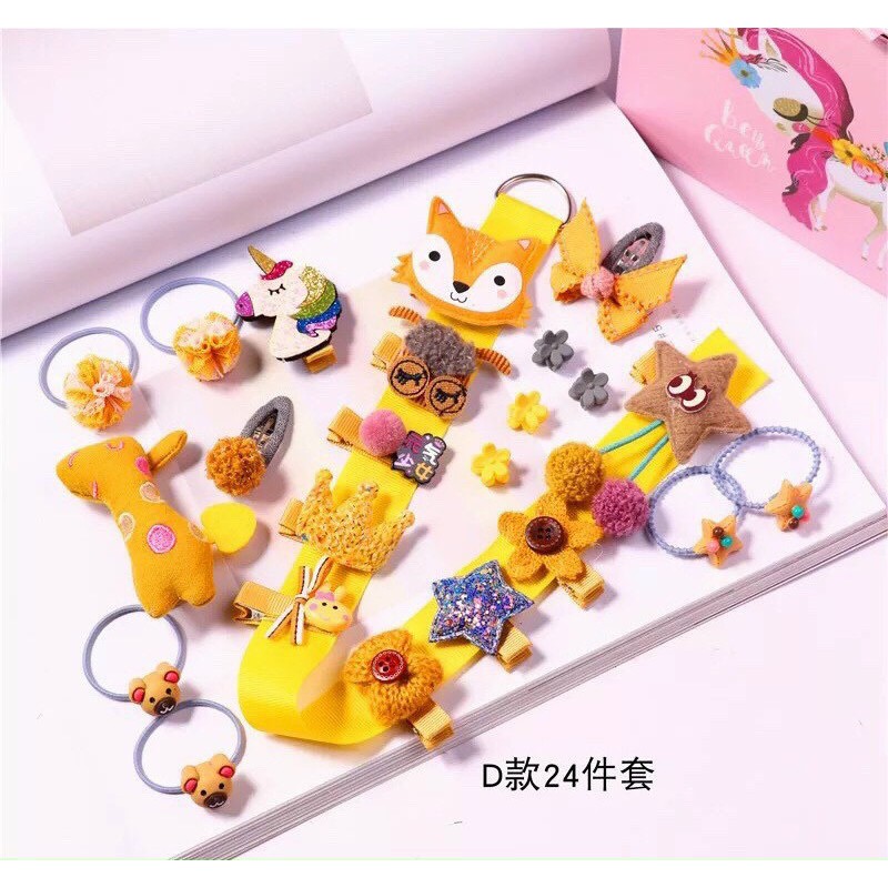 SET QUÀ TẶNG BÉ GÁI 24 món cột tóc kẹp tóc dễ thương nhiều màu KÈM HỘP QUÀ
