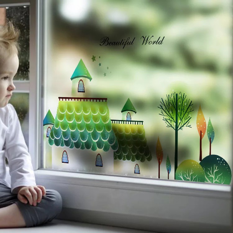 Decal trang trí kính cao cấp mẫu Ngôi Nhà Xanh lá (60cm x 58cm)