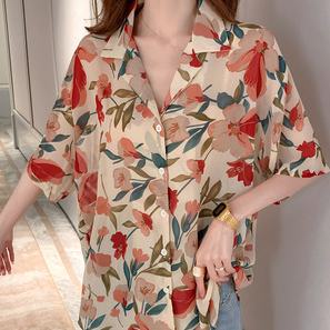 Áo sơ mi chiffon tay ngắn in họa tiết phong cách Hàn Quốc thờI trang cho nữ
