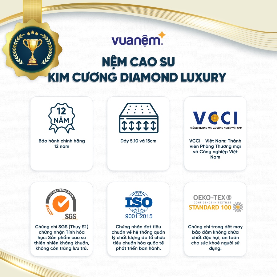 Nệm Kim Cương Diamond Luxury 100% cao su thiên nhiên bảo vệ cột sống bảo hành 12 năm VN