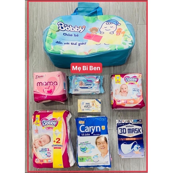 Combo Mẹ đi sinh: Miếng lót Bobby 1-28, tã dán Bobby XS42, khăn ướt Bobby 100m, BVS Mama 12m, tã dán Caryn 3m, túi mẹ bé